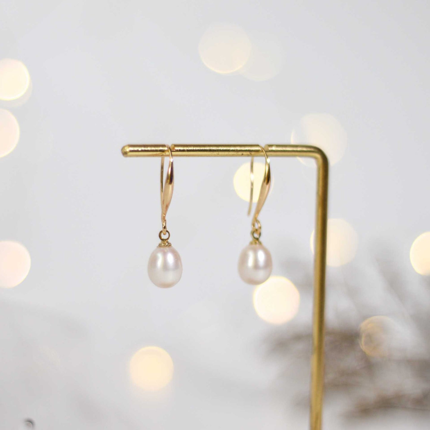 10.2 mm white biwa pearl yellow gold plasted dangling earrings