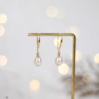 10.2 mm white biwa pearl yellow gold plasted dangling earrings