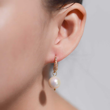 10.6 mm round pearl dangling yellow gold plated inlaid zircon earrings