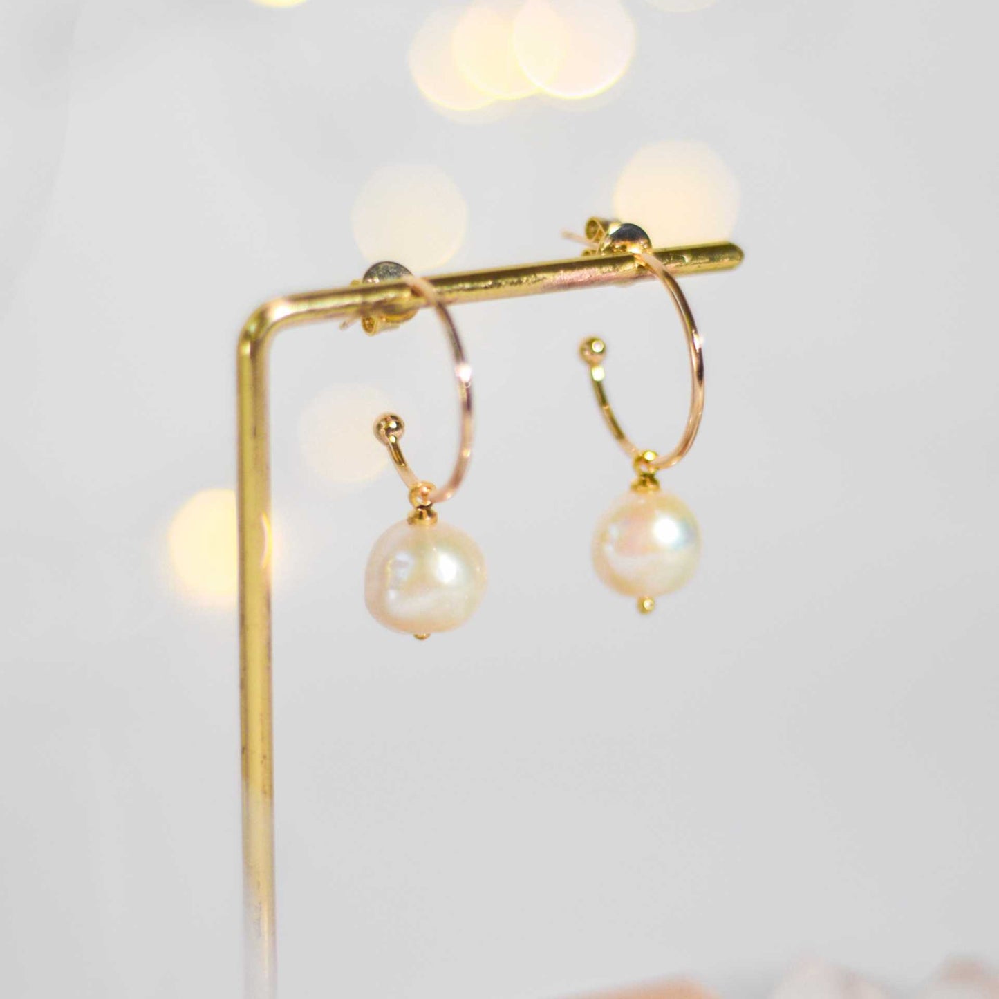10.8 mm White Kieshe Pearl Yellow Gold Plated Half Hoop Earrings