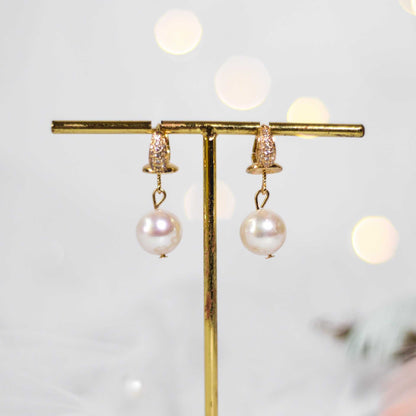 10.8 mm white round pearl dangling with inlaid zircon yellow gold plated earrings