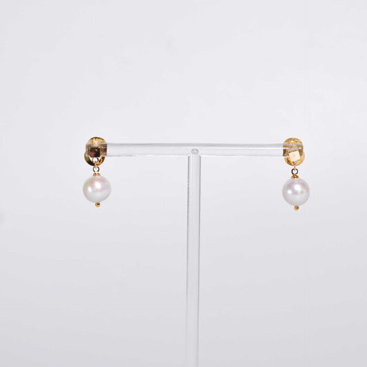 10.8 mm white round yellow gold plated dangling earrings with square stud