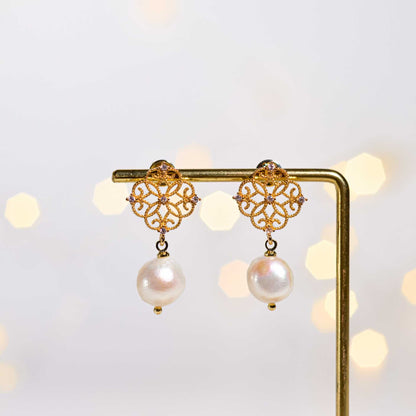 11.3 mm White Kieshe Pearl Yellow Gold Plated Dangling with 16.5 mm Stud