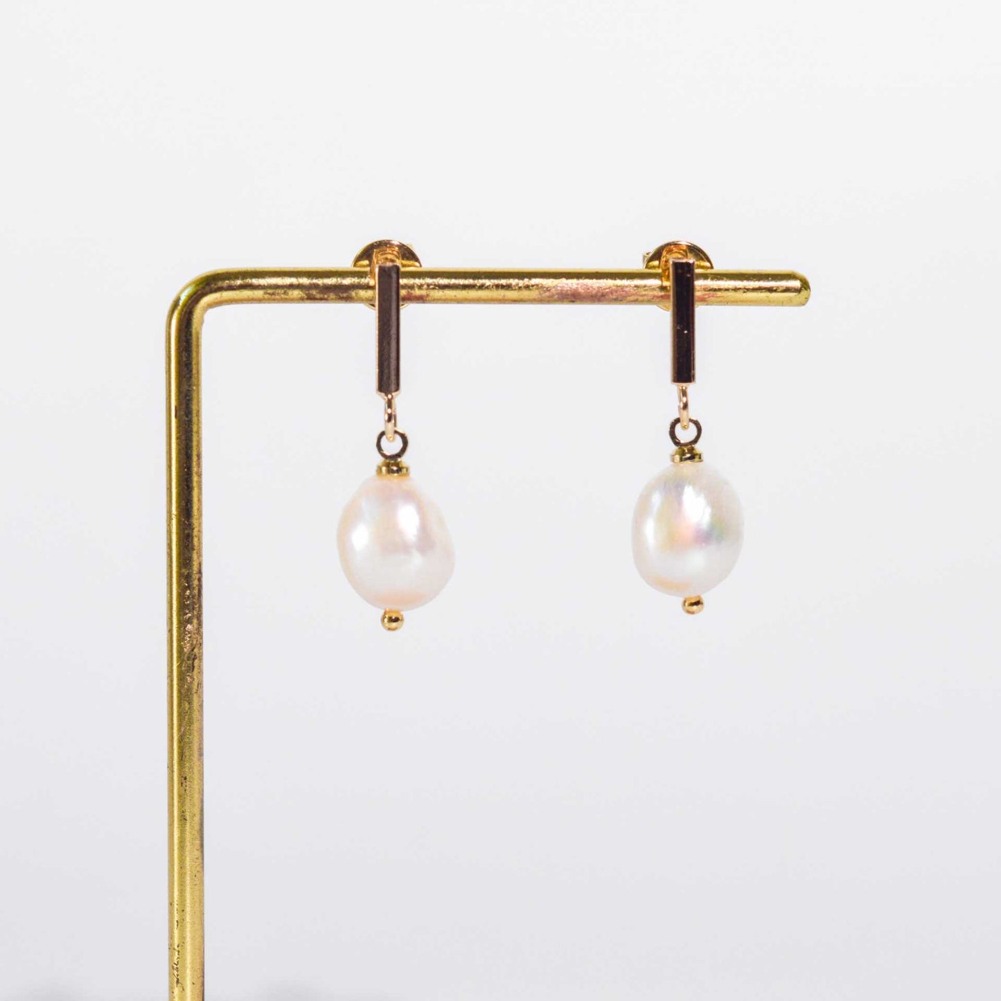 11.5 mm White Baroque Pearl Yellow Gold Plated with Rectangular Stud Earrings