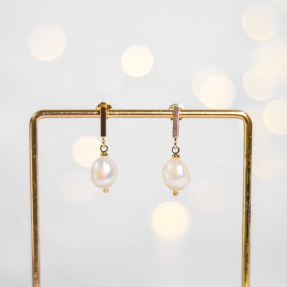 11.5 mm White Baroque Pearl Yellow Gold Plated with Rectangular Stud Earrings