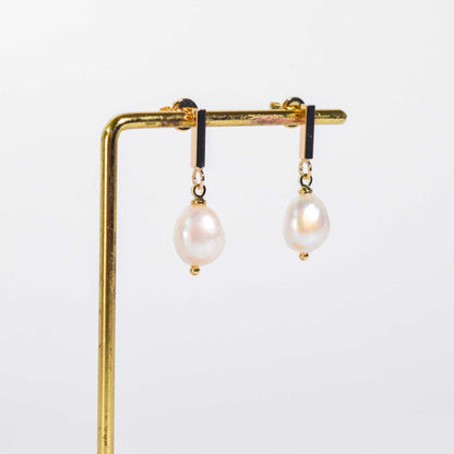 11.5 mm White Baroque Pearl Yellow Gold Plated with Rectangular Stud Earrings