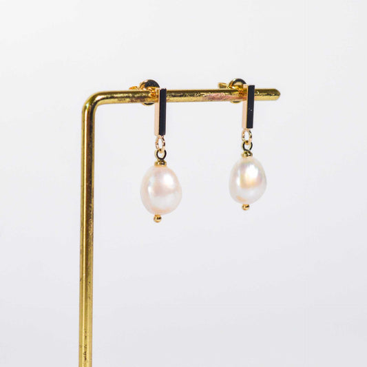 11.5 mm White Baroque Pearl Yellow Gold Plated with Rectangular Stud Earrings