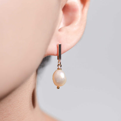 11.5 mm White Baroque Pearl Yellow Gold Plated with Rectangular Stud Earrings