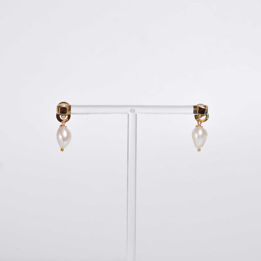 11.5 mm white baroque pearl yellow gold plated dangling earrings with square stud
