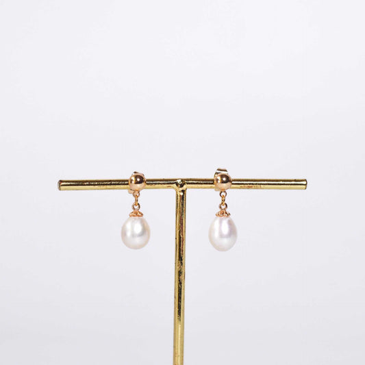 11.5 mm white teardrop pearl yellow gold plated dangling earrings