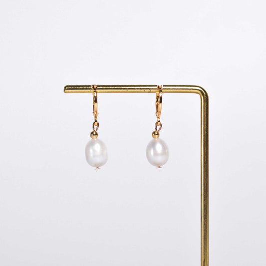 11 mm white oval dangling pearls yellow gold plated earrings