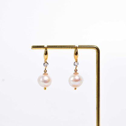 11 mm white kieshe pearl dangling yellow gold plated with zircon earrings