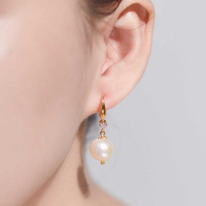 11 mm white kieshe pearl dangling yellow gold plated with zircon earrings