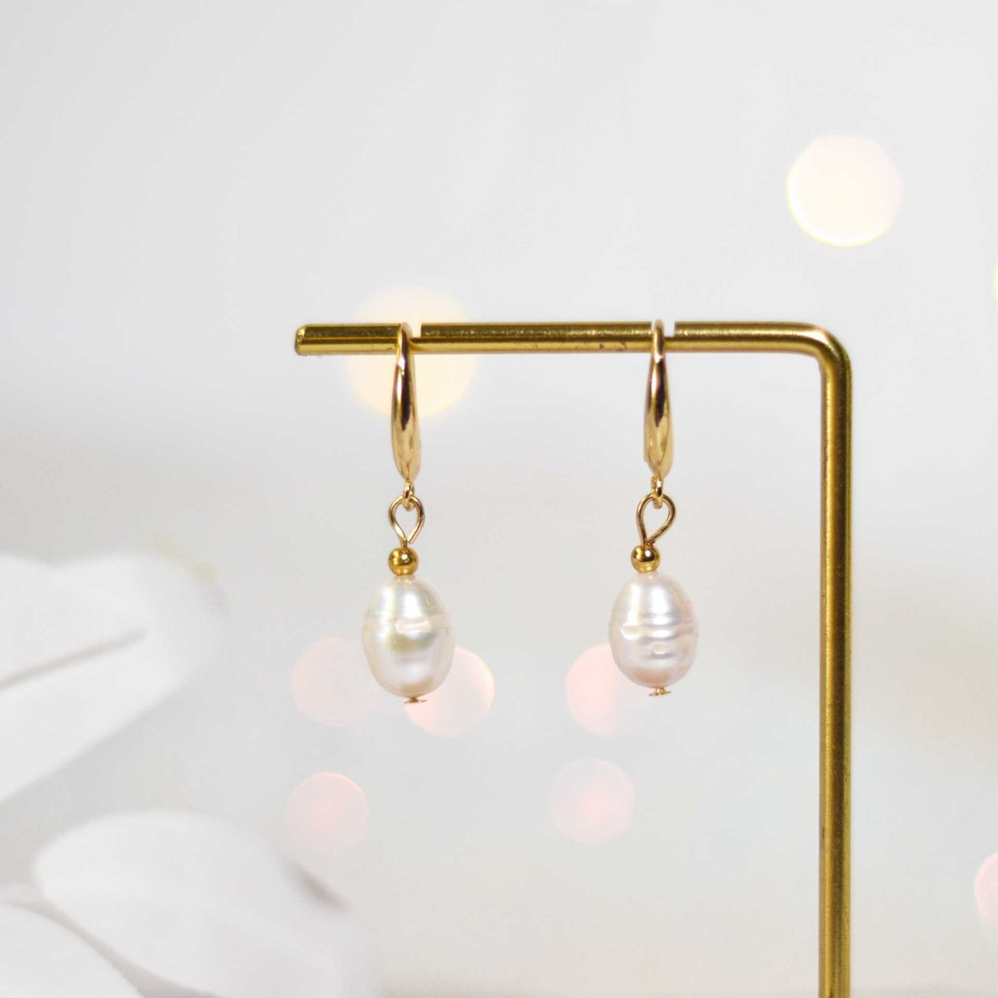 12.5 mm white biwa yellow gold plated hook earrings