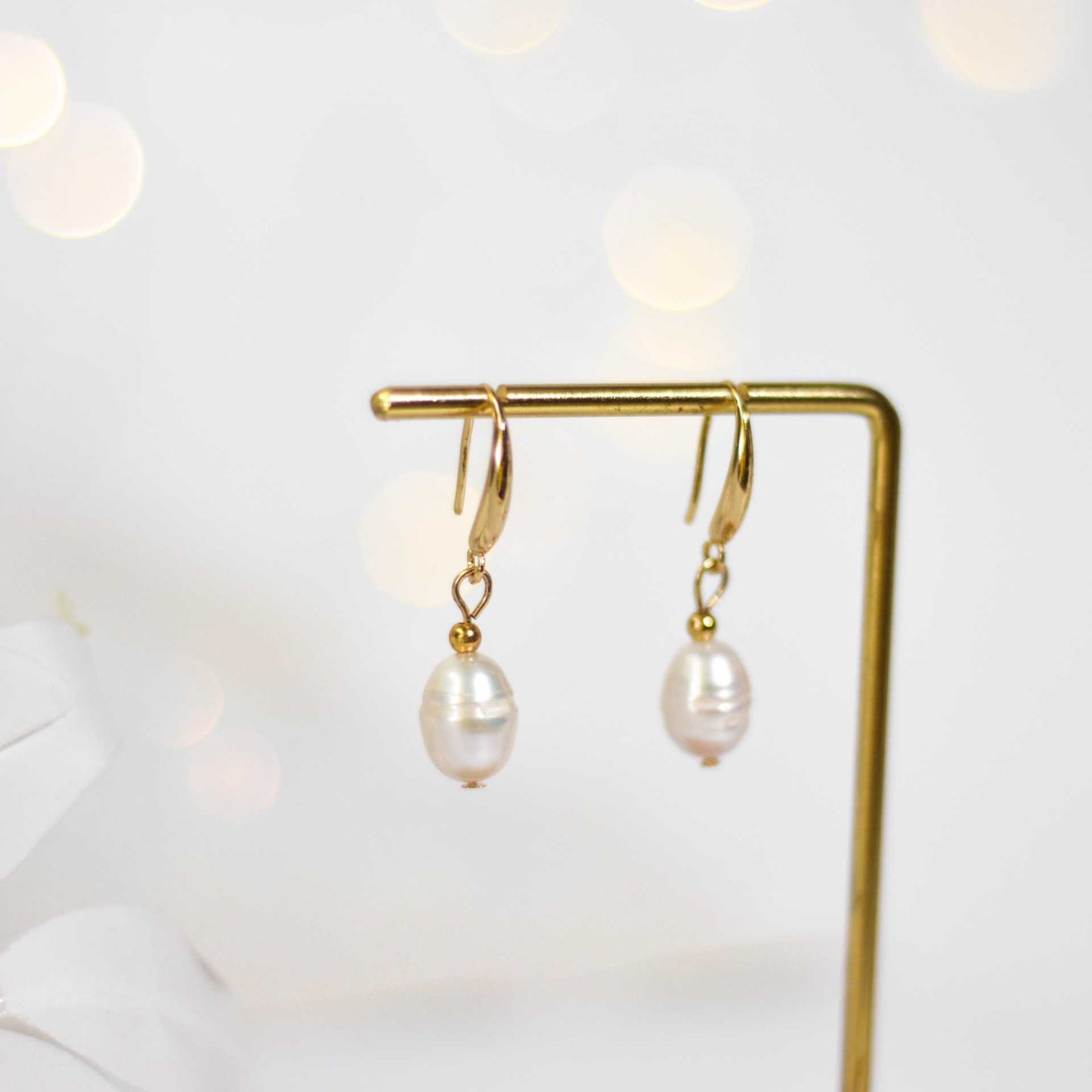12.5 mm white biwa yellow gold plated hook earrings