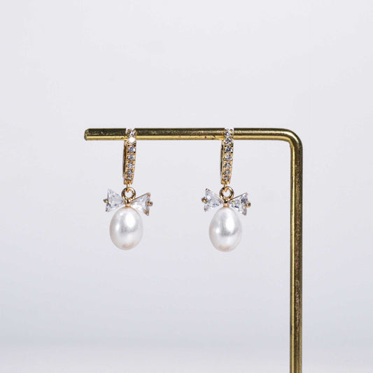 12 mm White Biwa Pearl Yellow Gold Plated Zircon Inlaid Dangling with Zircon Bow Earrings