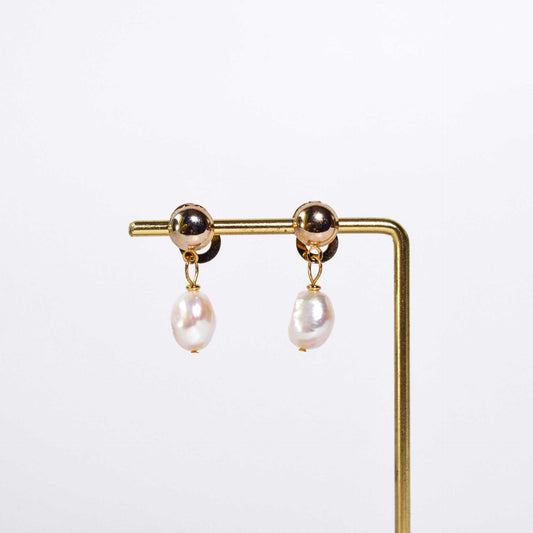 12 mm white baroque pearl dangling yellow gold plated with 8.5 mm round stud earrings
