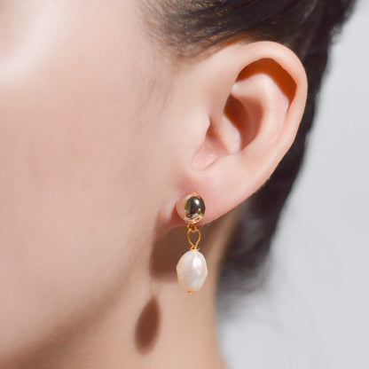 12 mm white baroque pearl dangling yellow gold plated with 8.5 mm round stud earrings