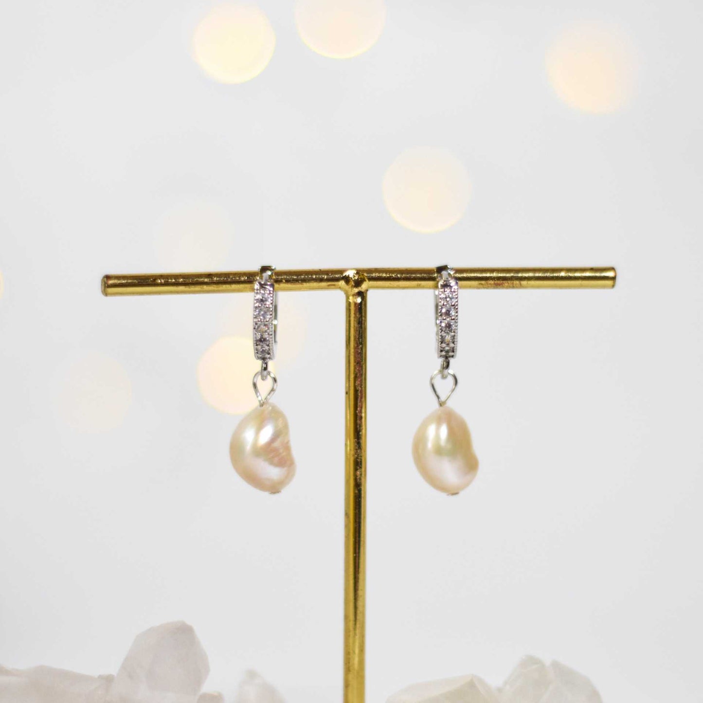 12 mm white baroque pearl rhodium plated with inlaid zircon hoop earrings