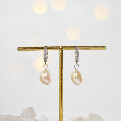 12 mm white baroque pearl rhodium plated with inlaid zircon hoop earrings