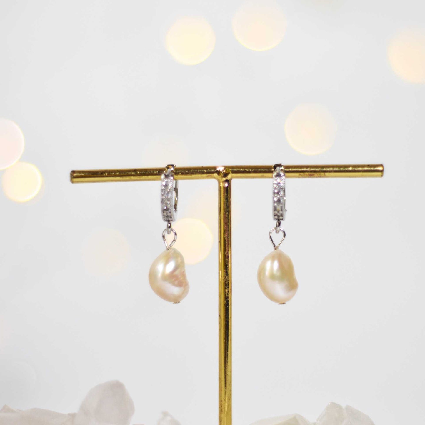 12 mm white baroque pearl rhodium plated with inlaid zircon hoop earrings