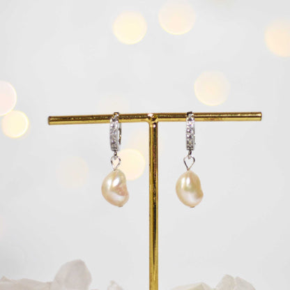 12 mm white baroque pearl rhodium plated with inlaid zircon hoop earrings
