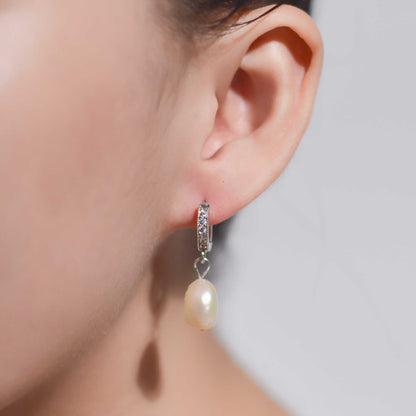 12 mm white baroque pearl rhodium plated with inlaid zircon hoop earrings