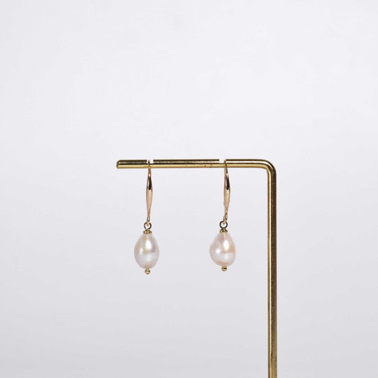 12 mm white baroque pearl yellow gold plated dangling earrings