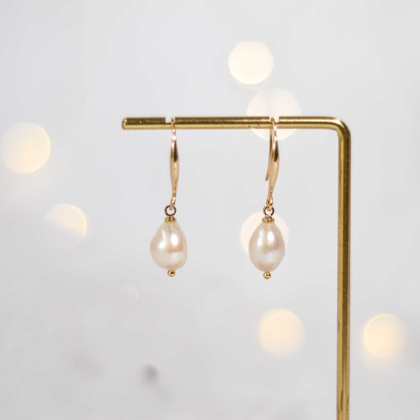 12 mm white baroque pearl yellow gold plated dangling earrings