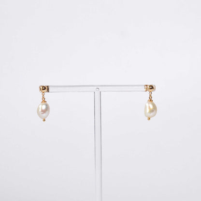 12 mm white baroque pearl yellow gold plated dangling earrings