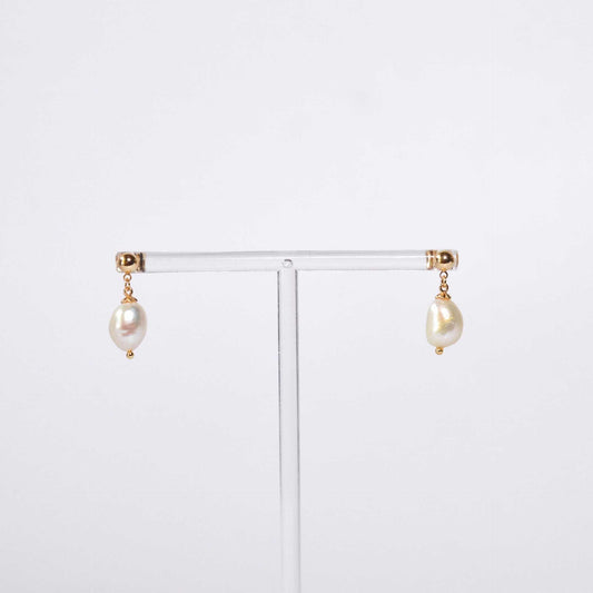 12 mm white baroque pearl yellow gold plated dangling earrings