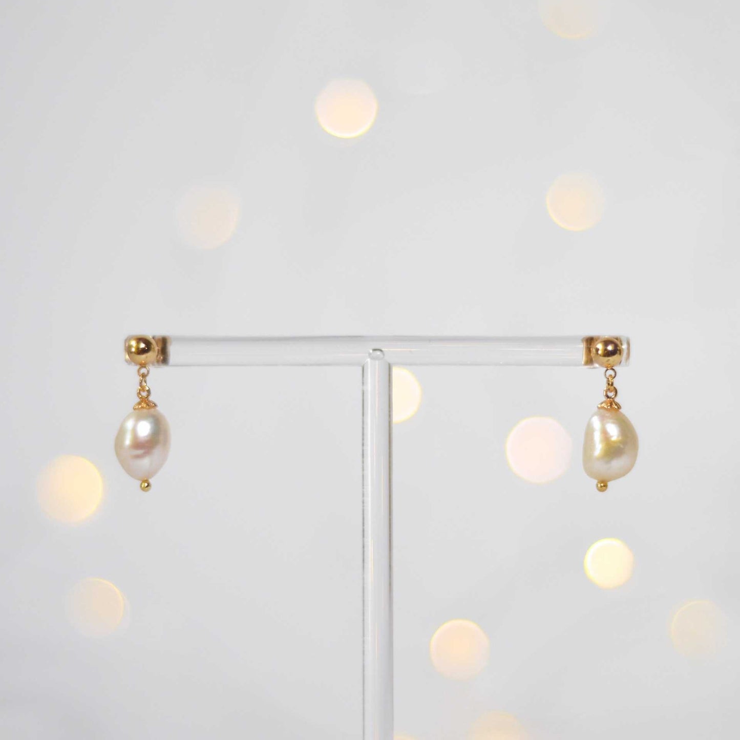 12 mm white baroque pearl yellow gold plated dangling earrings