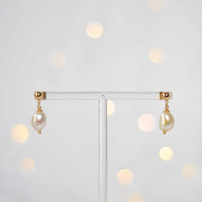 12 mm white baroque pearl yellow gold plated dangling earrings