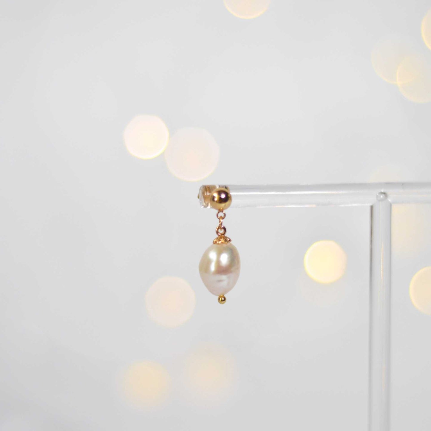 12 mm white baroque pearl yellow gold plated dangling earrings