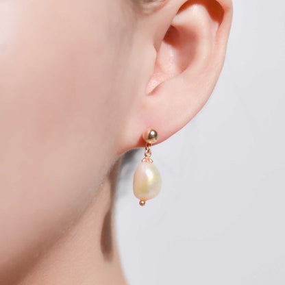 12 mm white baroque pearl yellow gold plated dangling earrings