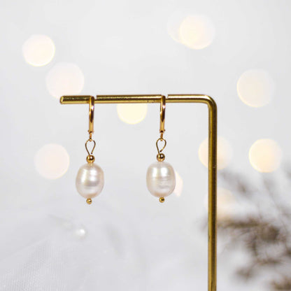 12 mm white biwa dangling yellow gold plated earrings