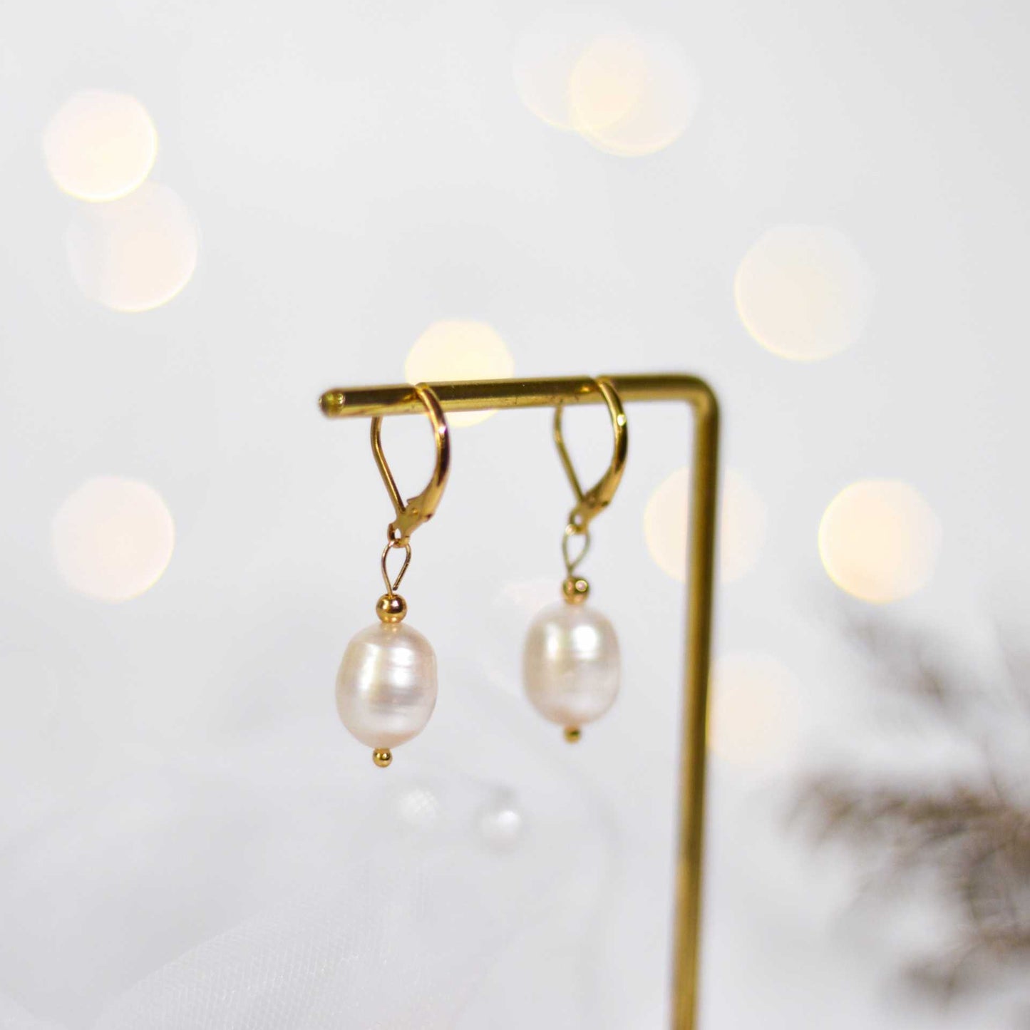 12 mm white biwa dangling yellow gold plated earrings