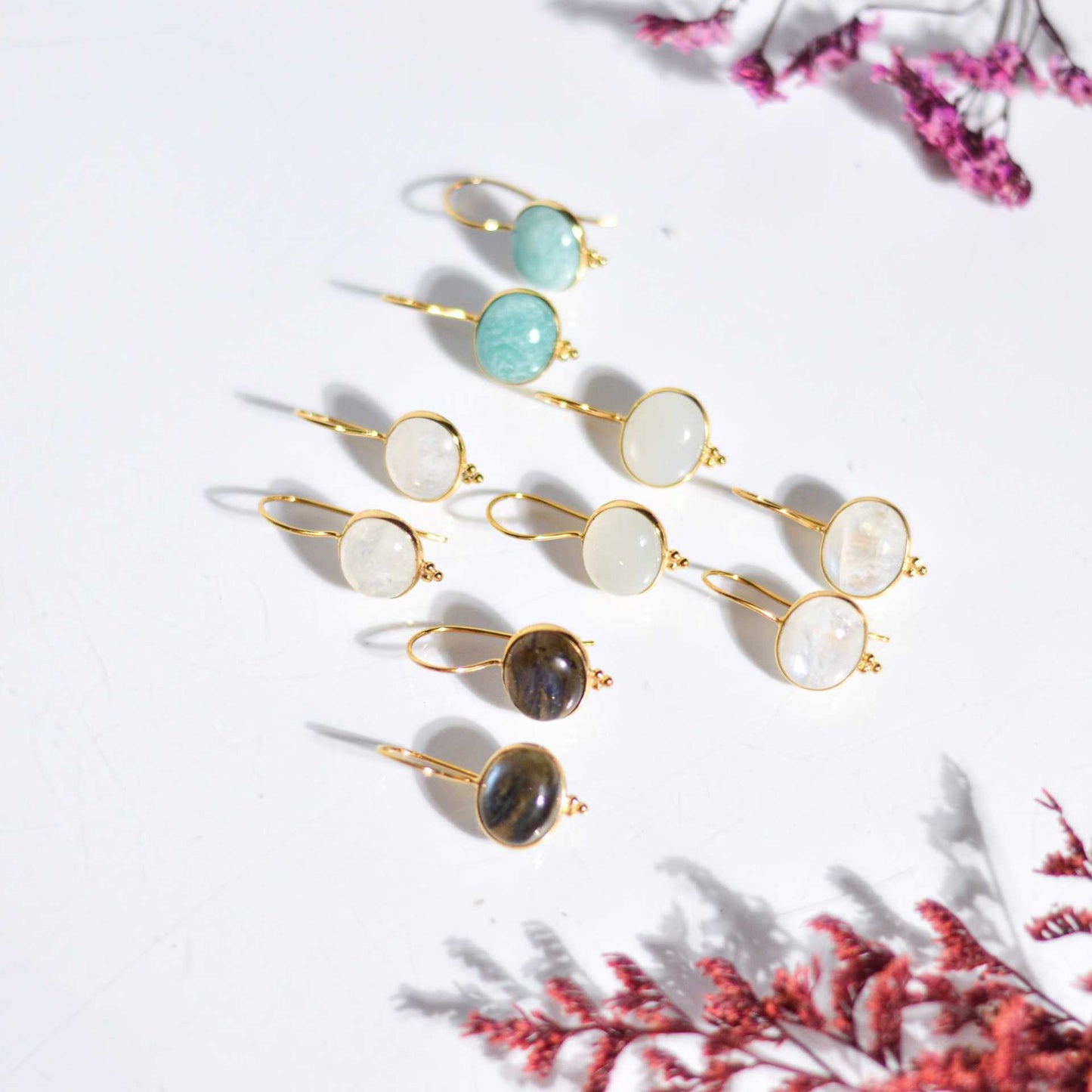 12 x 10 mm Oval Rainbow Moonstone Hook Earrings