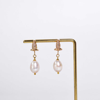 13 mm white biwa pearl dangling with inlaid zircon yellow gold plated earrings