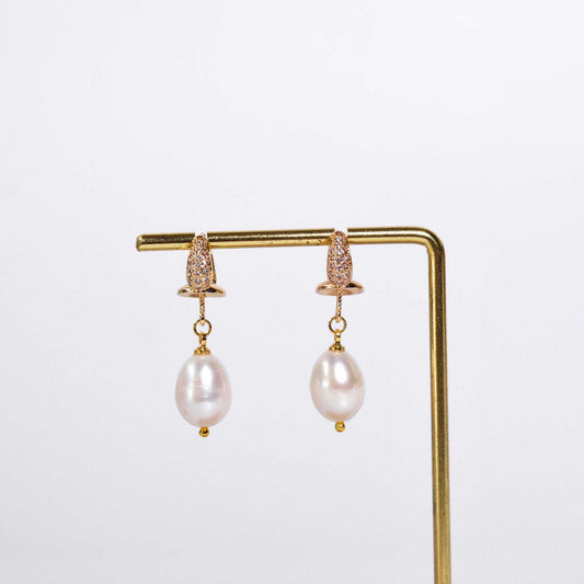 13 mm white biwa pearl dangling with inlaid zircon yellow gold plated earrings