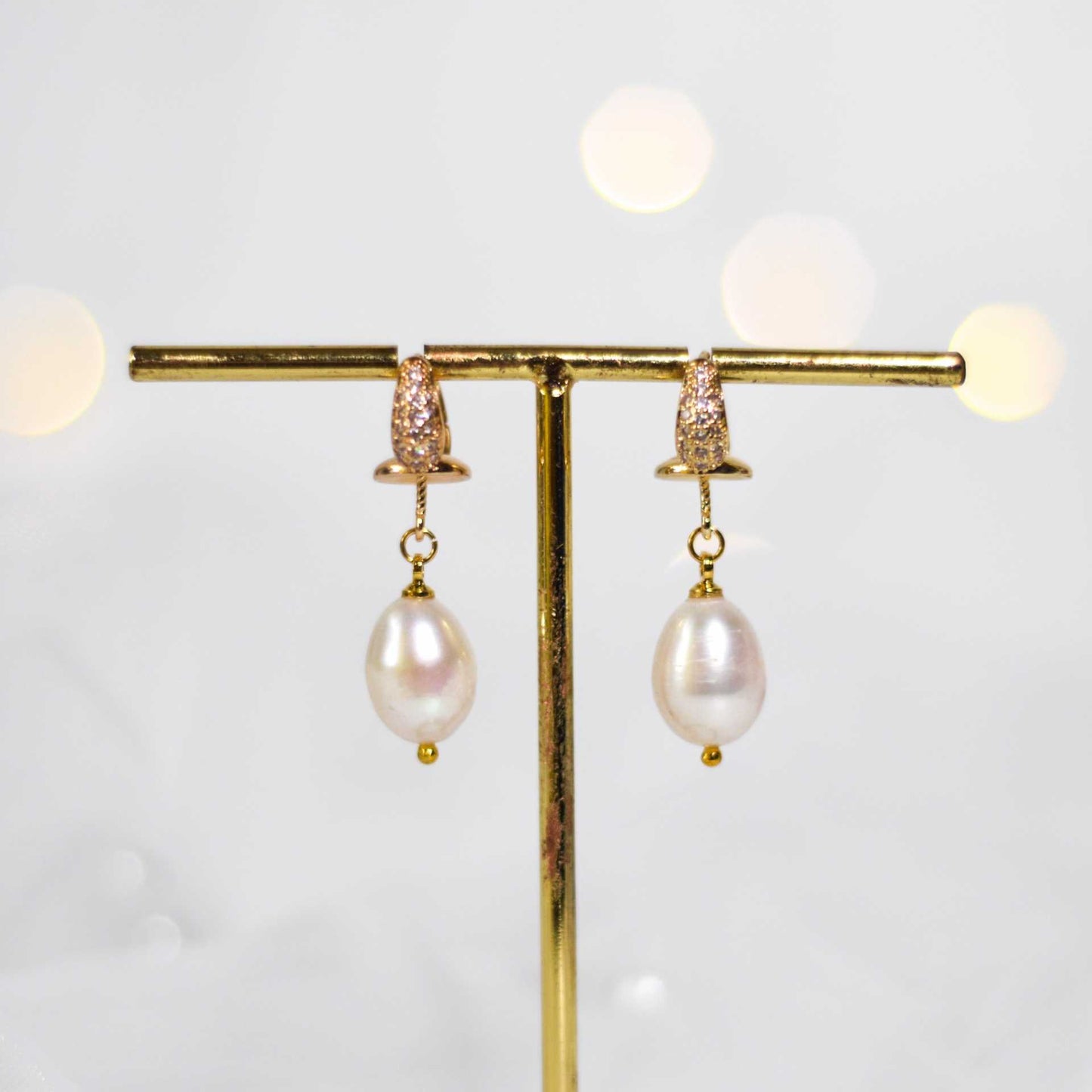 13 mm white biwa pearl dangling with inlaid zircon yellow gold plated earrings