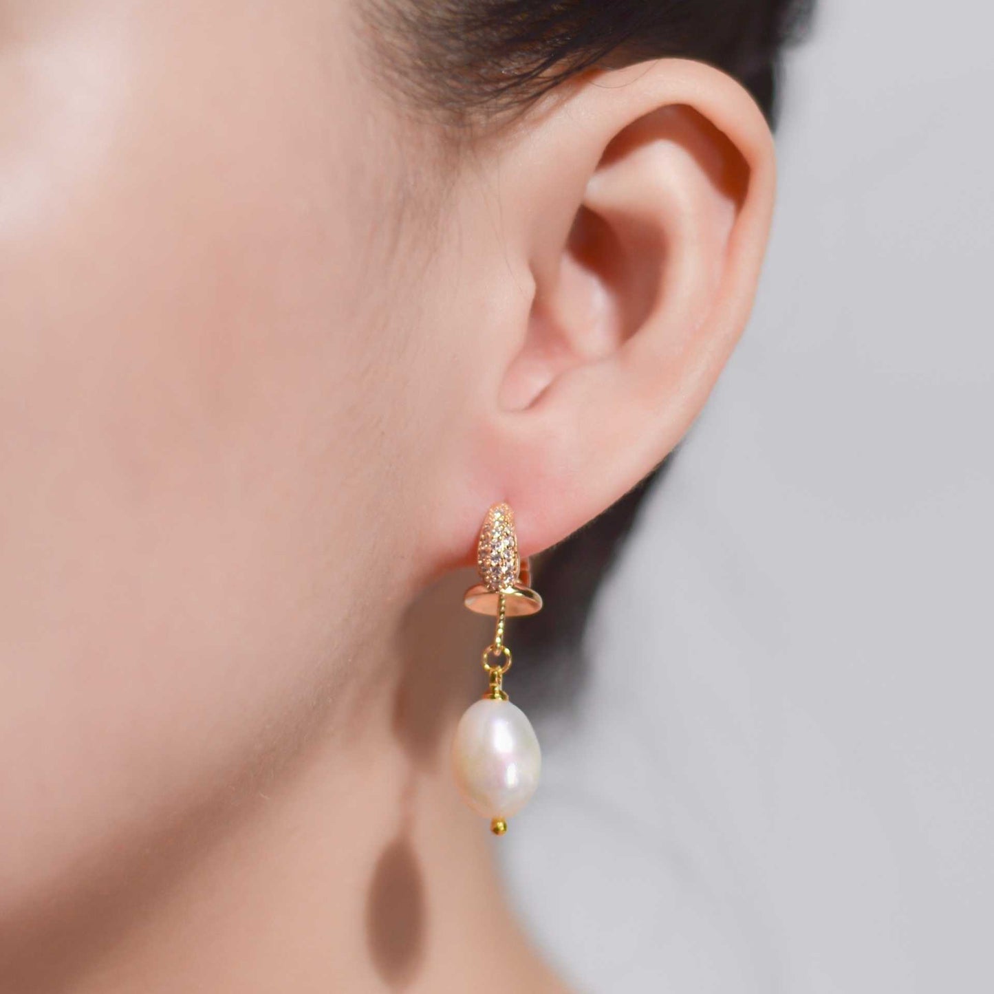 13 mm white biwa pearl dangling with inlaid zircon yellow gold plated earrings