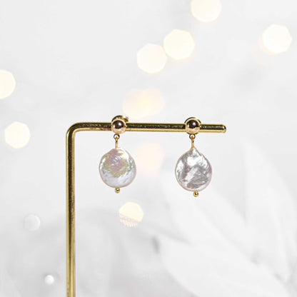 14.7 mm flat coin pearl yellow gold plated ball stud earrings