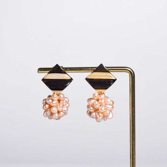 15 mm Peach Pearl Ball Yellow Gold Plated Dangling with 17 mm Diamond Shaped Stud