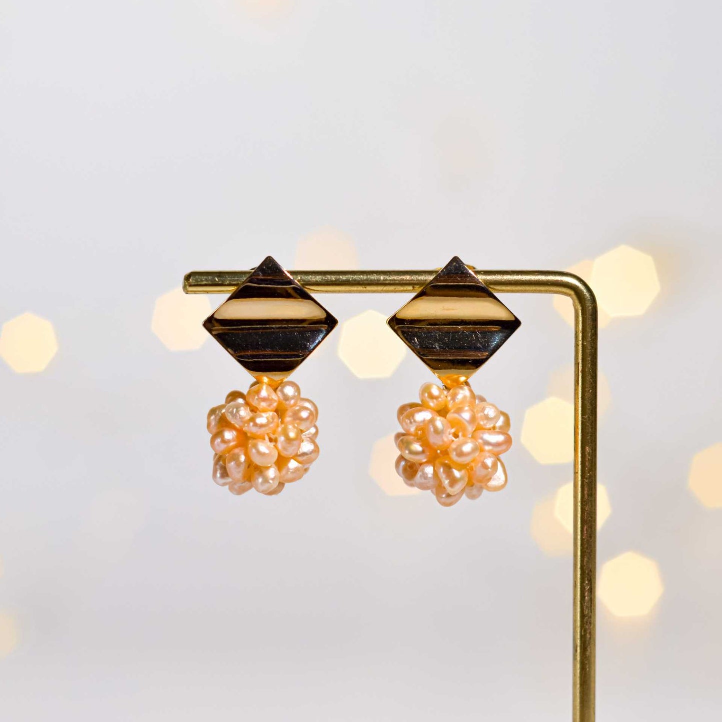 15 mm Peach Pearl Ball Yellow Gold Plated Dangling with 17 mm Diamond Shaped Stud