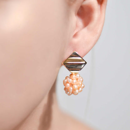 15 mm Peach Pearl Ball Yellow Gold Plated Dangling with 17 mm Diamond Shaped Stud