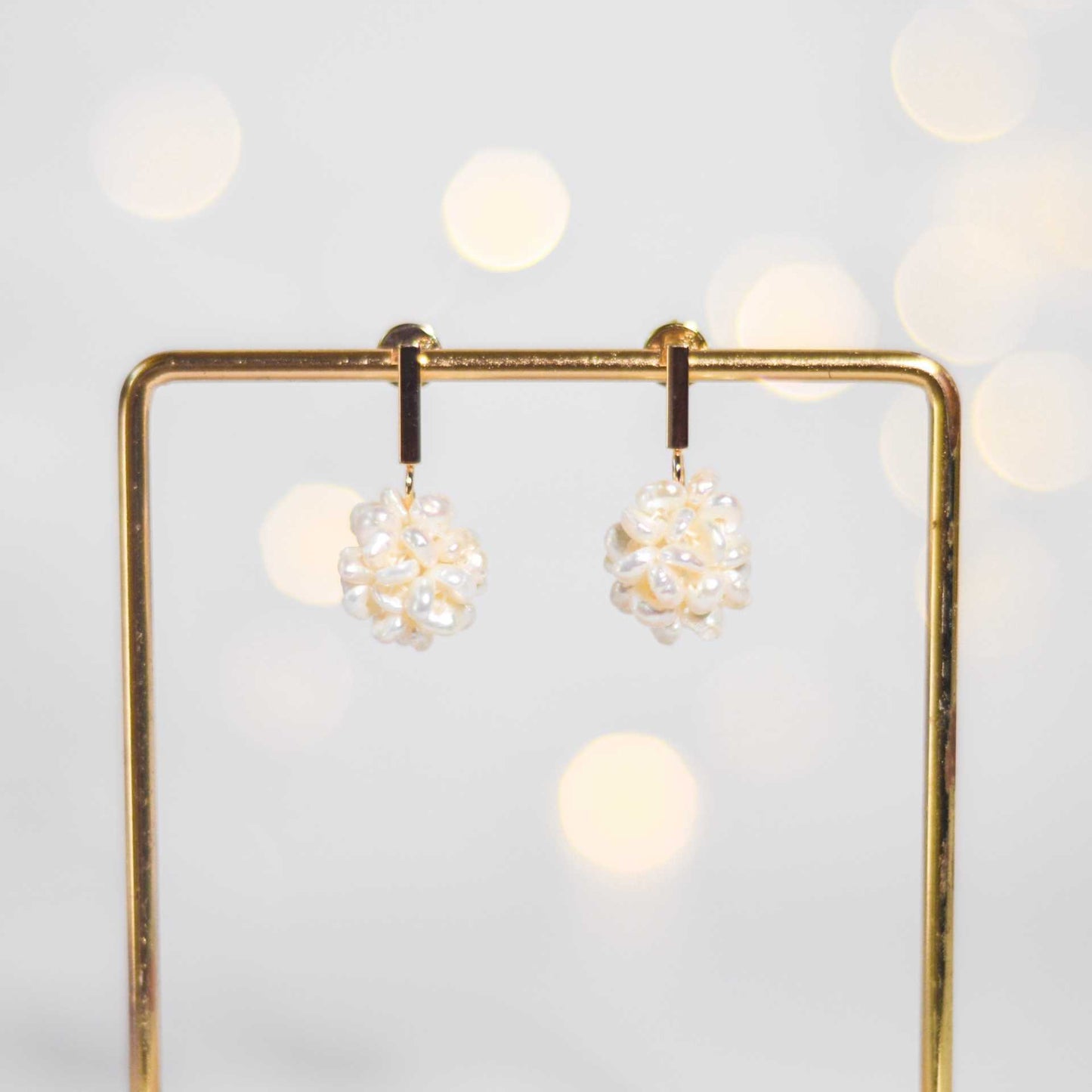 15 mm White Pearl Ball Yellow Gold Plated with Rectangular Stud Earrings