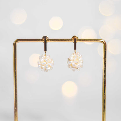 15 mm White Pearl Ball Yellow Gold Plated with Rectangular Stud Earrings