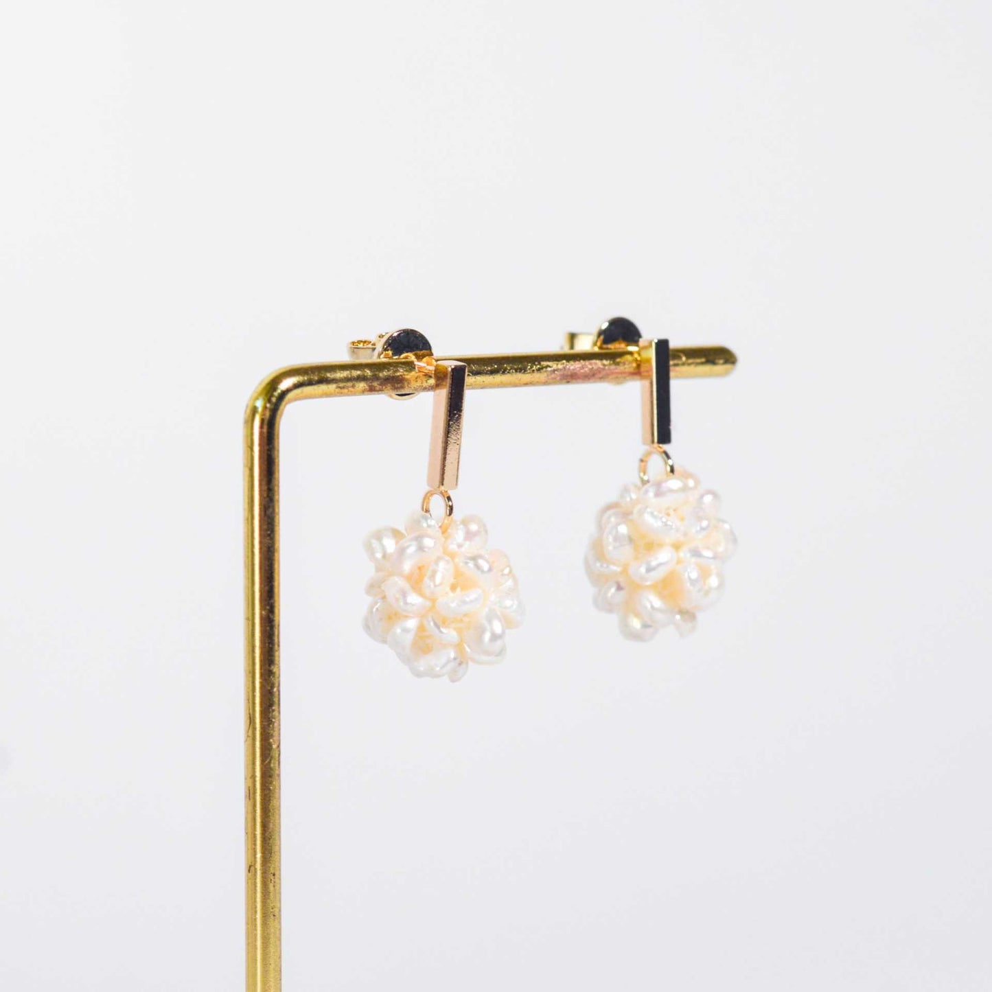 15 mm White Pearl Ball Yellow Gold Plated with Rectangular Stud Earrings