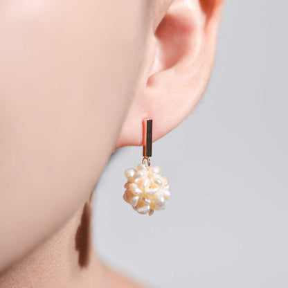 15 mm White Pearl Ball Yellow Gold Plated with Rectangular Stud Earrings